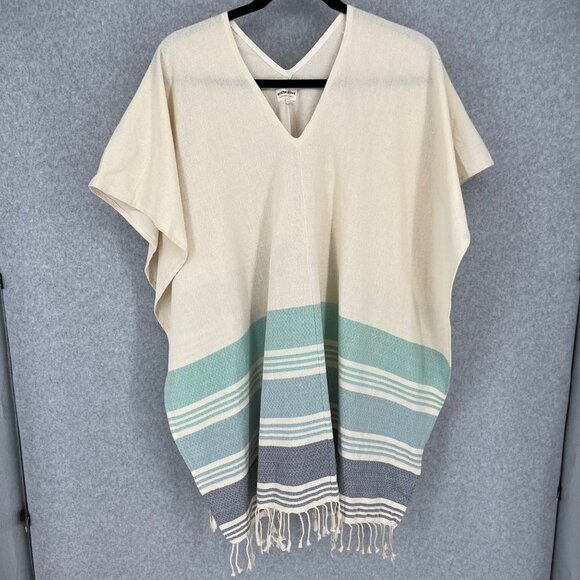 Tribe Alive Artisan Cotton Caftan | Handwoven Boho Poncho | OS, Cream/Blue/Green - Picture 1 of 9